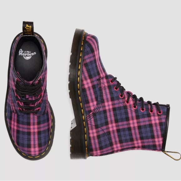 Dr. Martens Shoes - Dr. Martens Pink and Purple Plaid Lace-Up Combat Boots Docs grunge punk 🖤